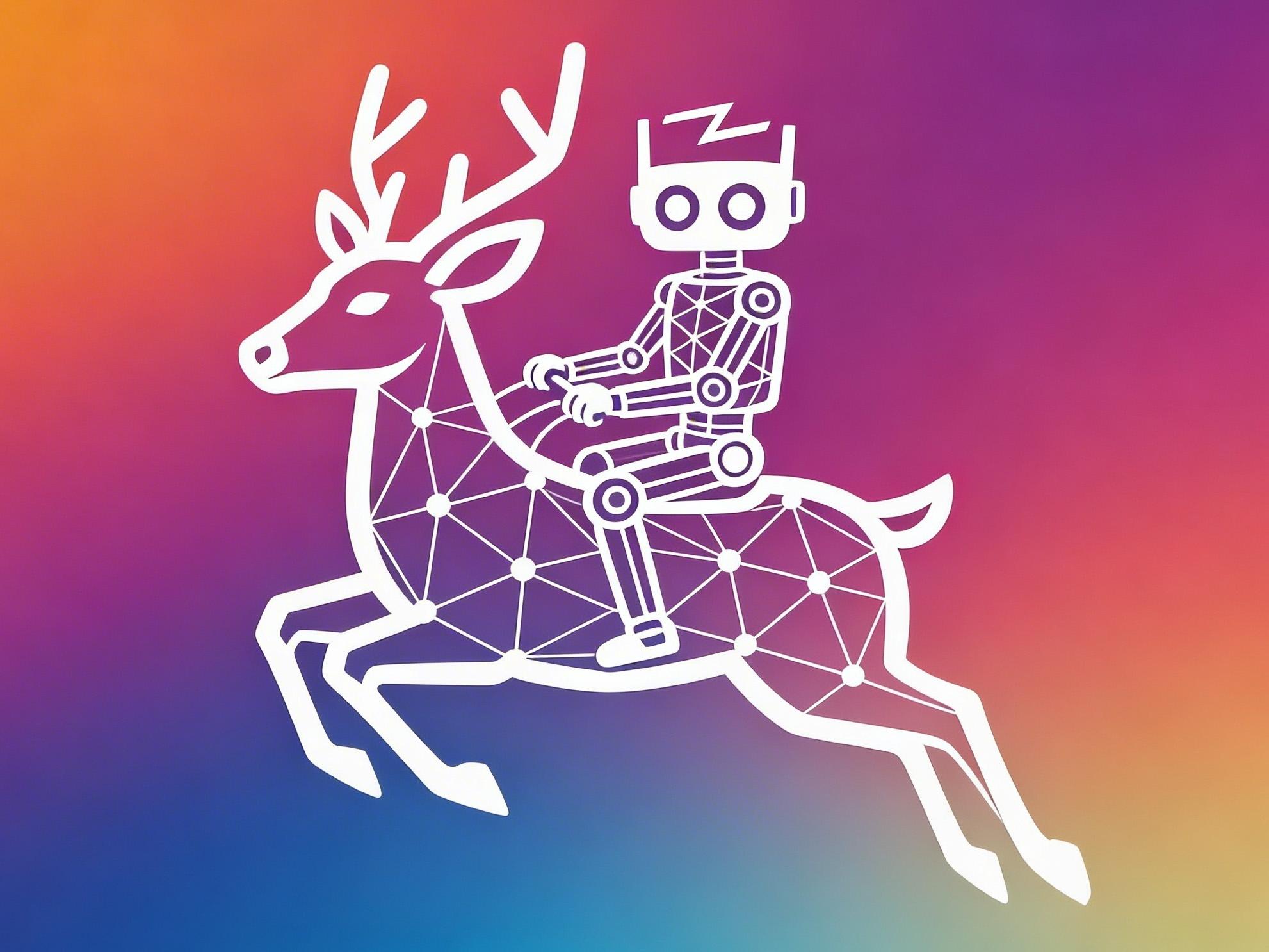 Stylized robot riding a knowledge-graph deer