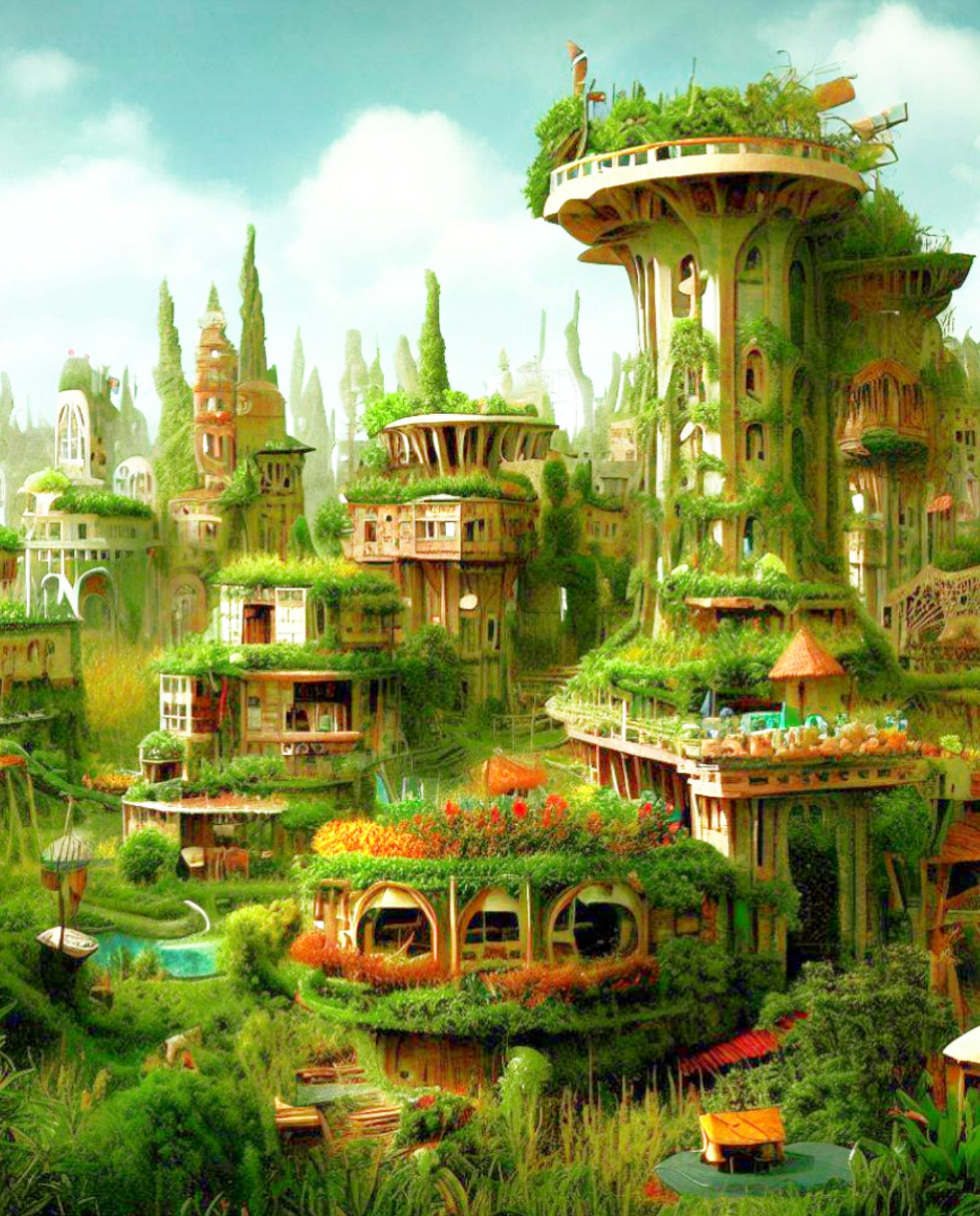 A permaculture city. Some building reach to the skys like trees. Plants fill spaces on the ground, roofs, & walls of buildings.